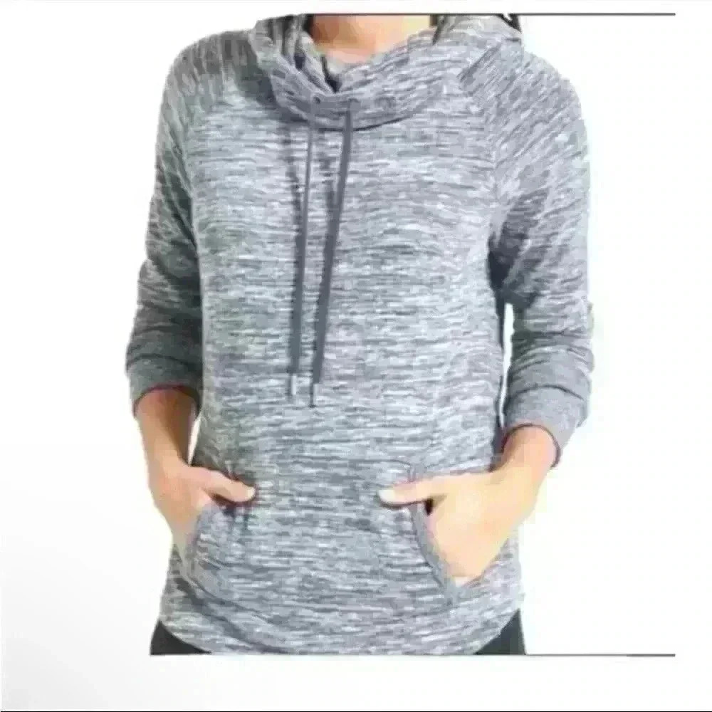 Athleta Hoodie Sweatshirt Cowl neck Heather Grey drawstring long sleeve comfy